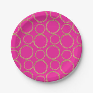 Gold Circles & Hot Pink Bright Bold Modern Trendy Paper Plate