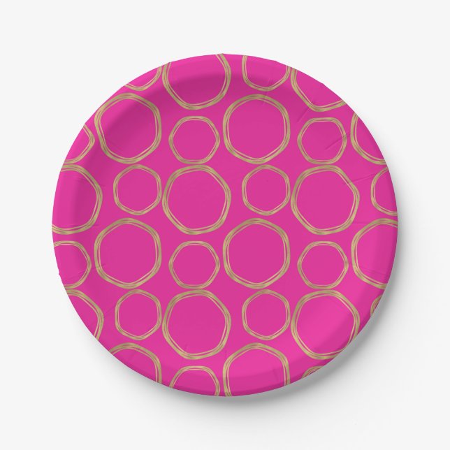 Gold Circles & Hot Pink Bright Bold Modern Trendy Paper Plate (Front)