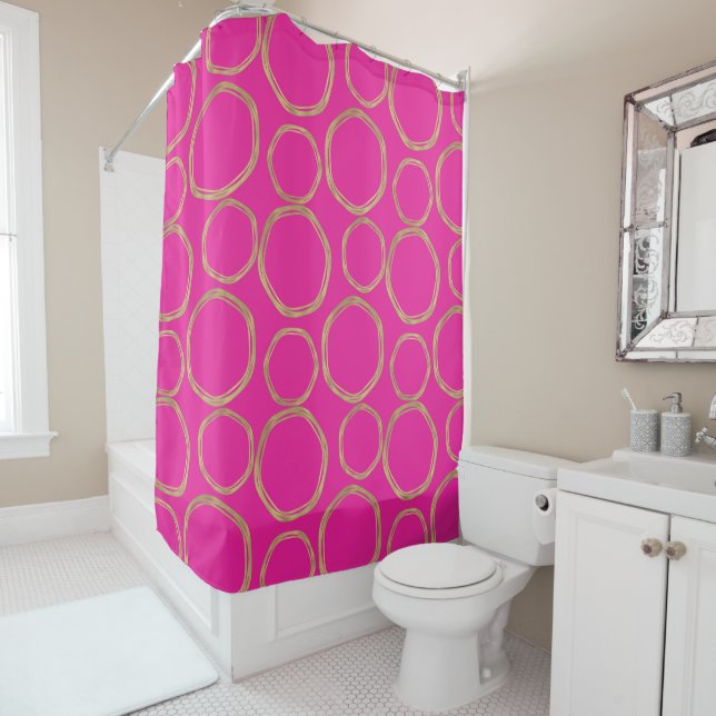 Gold Circles & Hot Pink Bright Bold Modern Trendy Shower Curtain (In Situ)