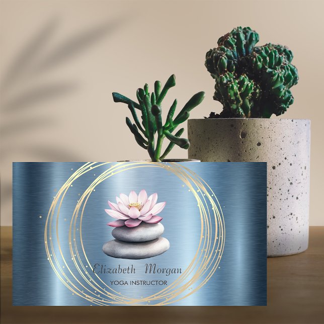 Gold Circles Lotus Blue Zen Stones Metallic Business Card (Creator Uploaded)