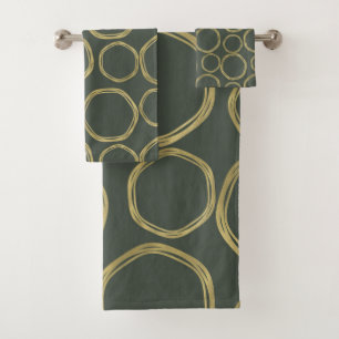 Gold Circles & Rustic Olive Green Modern Trendy Bath Towel Set