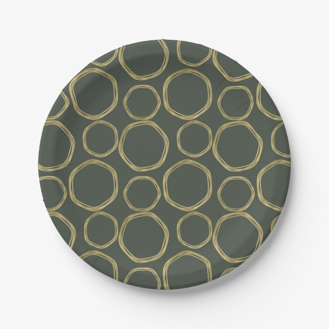 Gold Circles & Rustic Olive Green Modern Trendy Paper Plate (Front)