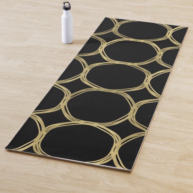 Gold Circles & Sleek Black Modern Trendy Chic Yoga Mat (In Situ)
