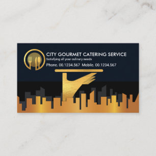 Gold City Silhouette Waiter Serving Business Card