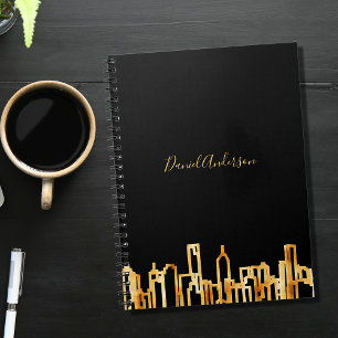 Gold city skyline black professional script notebook