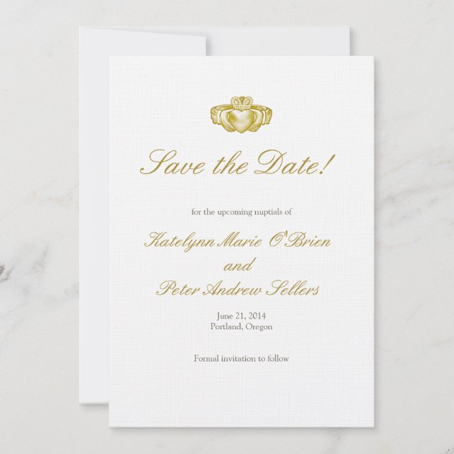 Gold Claddagh Ring Save the Date Card (Front)