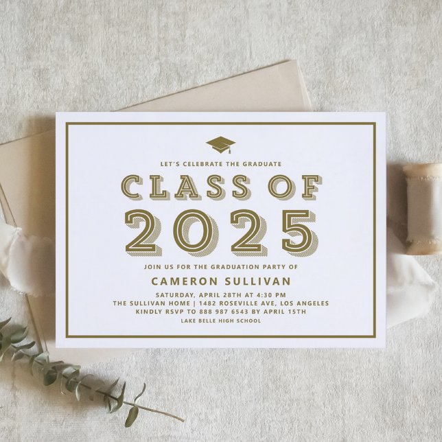 Gold Class of 2025 Cap Retro Graduation Invitation (Customizable graduation invitation featuring retro typography. Available in other colors.)