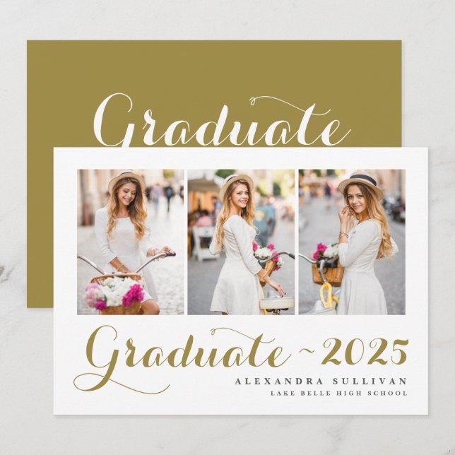 Gold Class of 2025 Photo Collage Graduation Invitation (Front/Back)