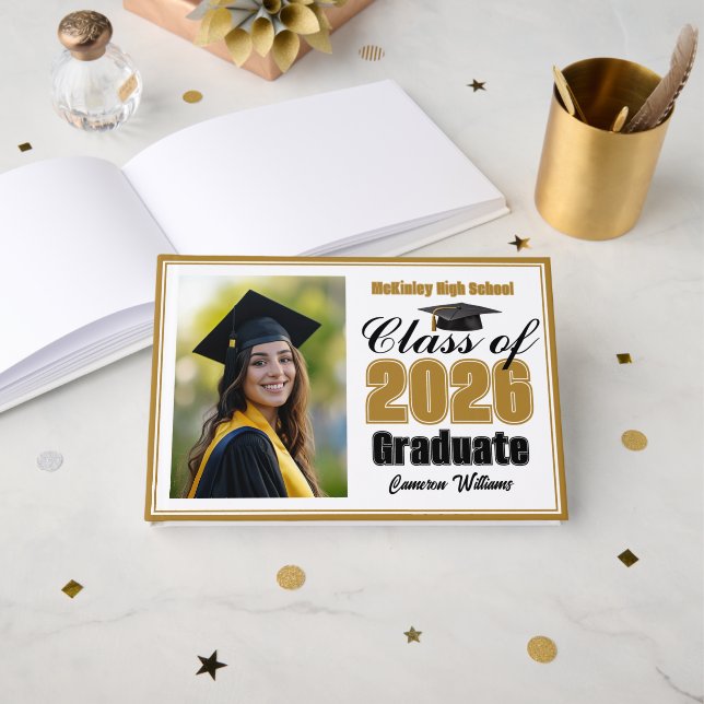 Gold Class of 2026 Photo Small Graduation Guest Book (Front Open)