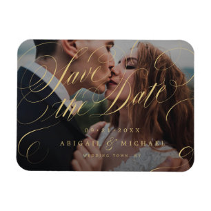 Gold classic calligraphy photo save the date magnet