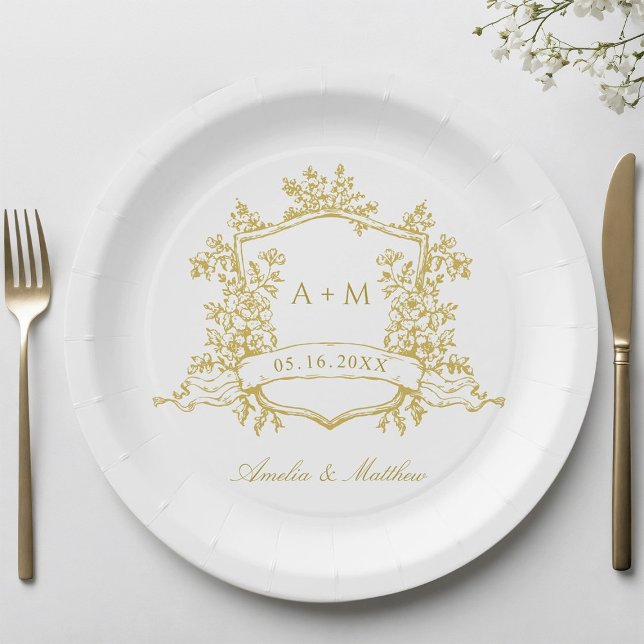 Gold Classic Floral Crest Monogram Wedding Paper Plate (Creator Uploaded)