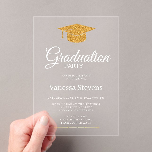  Gold Classic Graduation Cap Party  Acrylic Invitations (Insitu (Handheld))