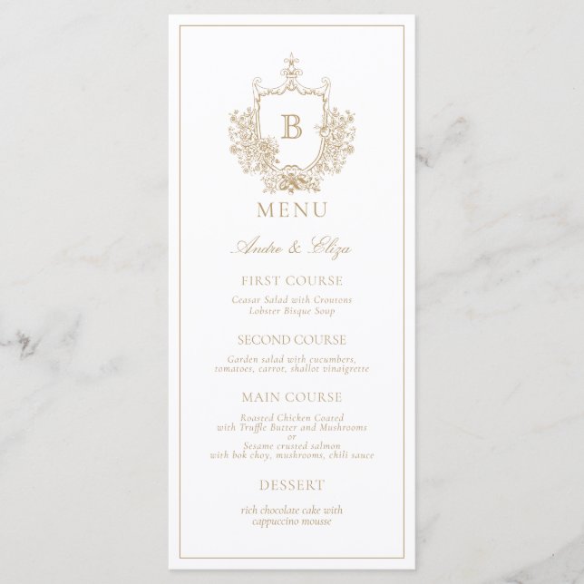 Gold Classic Luxe Crest Monogram Wedding Menu (Front)