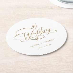 Gold Classy Calligraphy Wedding  Round Paper Coaster