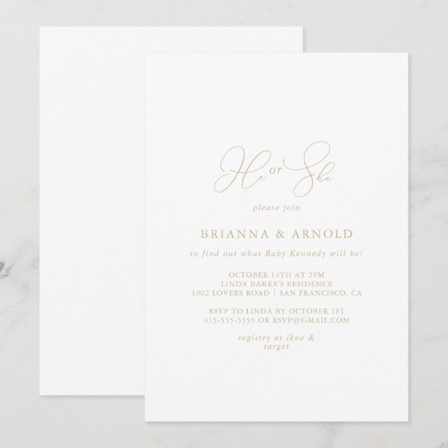 Gold Classy Chic He or She Gender Reveal  Invitation (Front/Back)