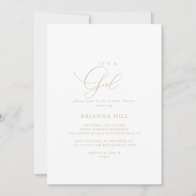 Gold Classy Chic It's A Girl Baby Shower  Invitation (Front)