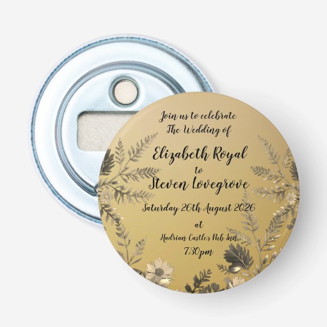 Gold Clear & Simple Light Floral Design Wedding Bottle Opener (Front)