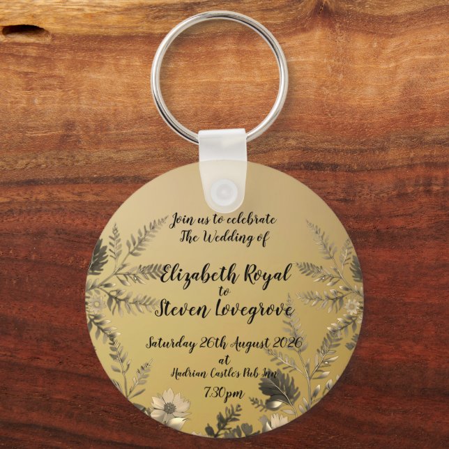 Gold Clear & Simple Light Floral Design Wedding Key Ring (Front)