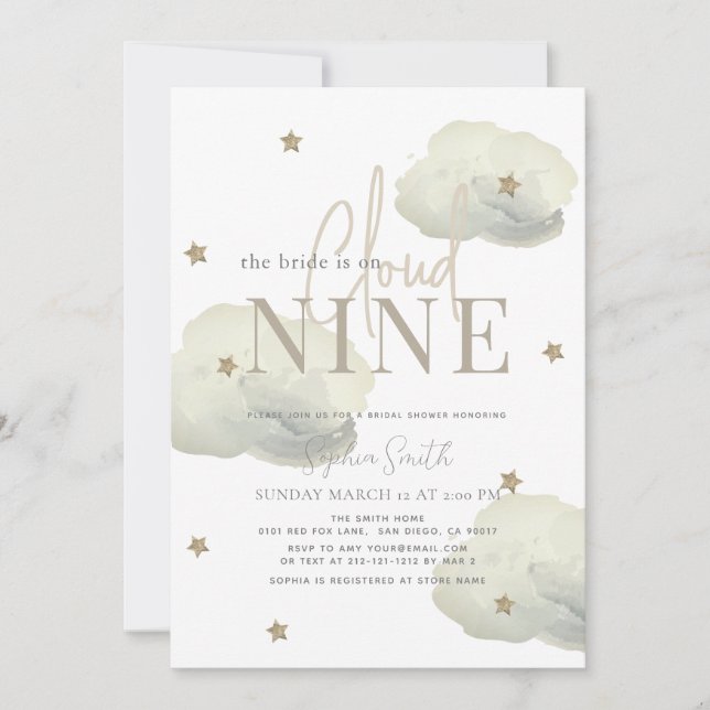 Gold Cloud 9 Gold Stars Watercolor Bridal Shower Invitation (Front)