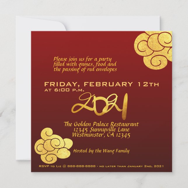 Gold Clouds Ox paper-cut Chinese New Year 2021 sqI Invitation (Front)