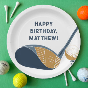 Gold Club and Ball Personalized Golfers Birthday Paper Plate