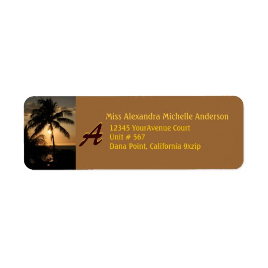 Gold Coast Sunset Palm Tree with Monogram Return Address Label