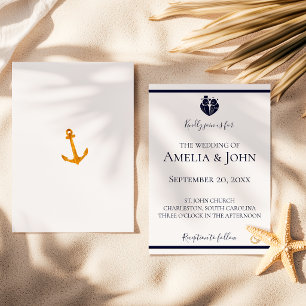 Gold Coastal White Navy Blue Nautical Wedding Invitation