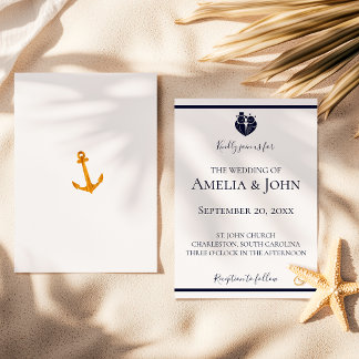 Gold Coastal White Navy Blue Nautical Wedding Invitation