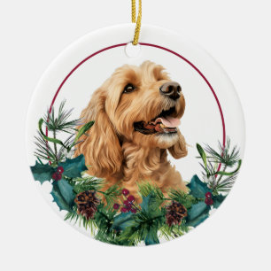 Gold Cockapoo Dog Evergreen Wreath Ceramic Tree Decoration