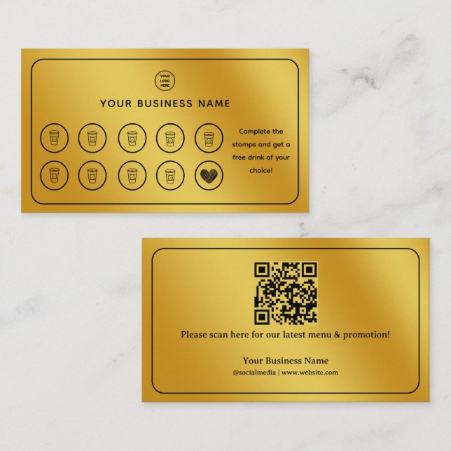Gold Coffee Cup QR Code Add Your Logo Loyalty Card (Front/Back)