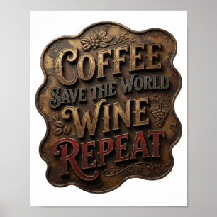 Gold COFFEE SAVE THE WORLD WINE REPEAT Poster
