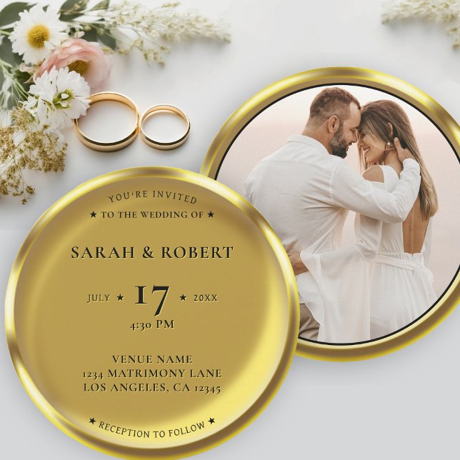 Gold Coin Elegant Photo Wedding Invitation (Gold Coin Elegant Photo Round Wedding Invitation)
