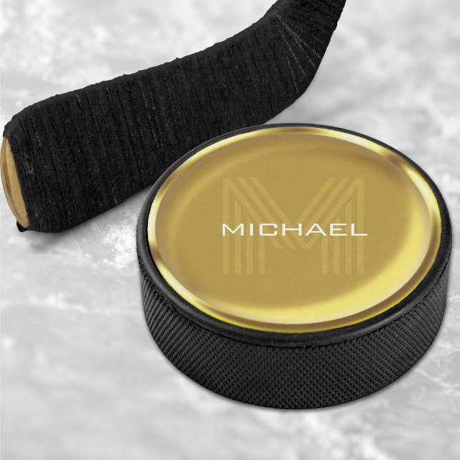 Gold Coin Name Monogram Initial Hockey Puck (Gold Coin Name Monogram Initial Hockey Puck)