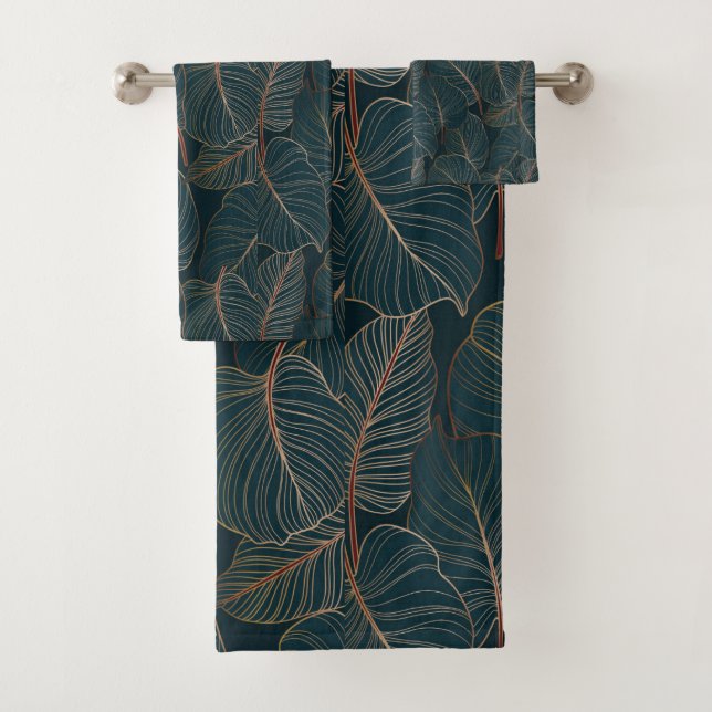 Gold colocasia palm leaves tropical plant pattern bath towel set (Insitu)