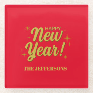 Gold Color Red Happy New Year Merry Christmas Glass Coaster