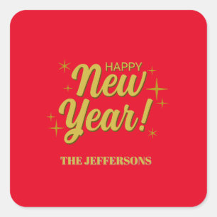 Gold Color Red Happy New Year Merry Christmas Square Sticker