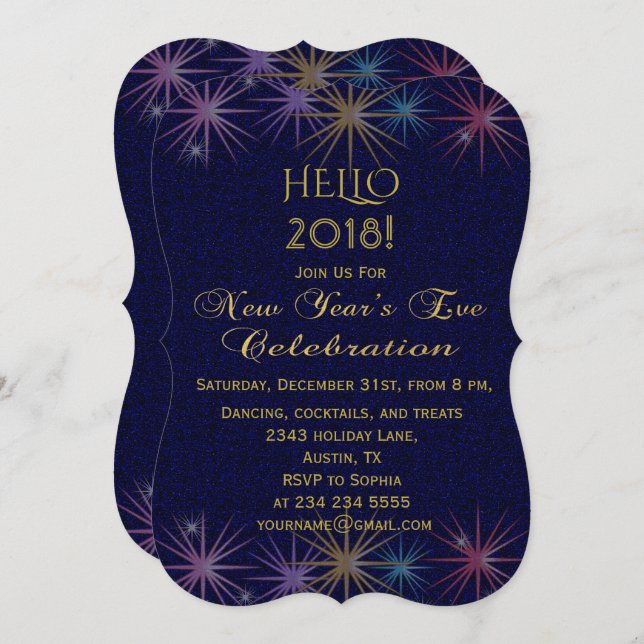 Gold Colorful Fireworks New Year's Eve Invitation (Front/Back)