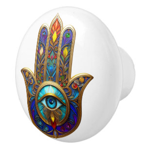 Gold Colorful Hamsa Turquoise Sapphire Third Eye  Ceramic Knob