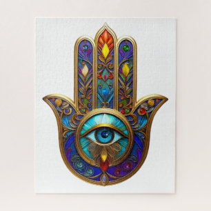 Gold Colorful Hamsa Turquoise Sapphire Third Eye  Jigsaw Puzzle