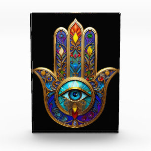 Gold Colorful Hamsa Turquoise Sapphire Third Eye Photo Block