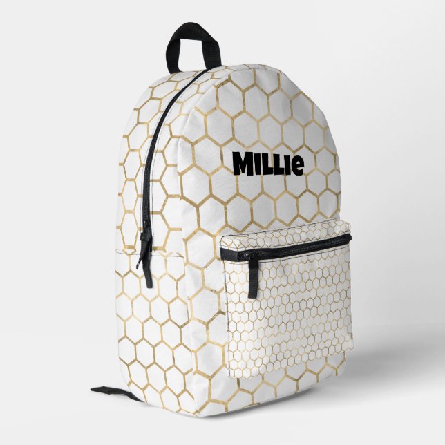 Gold Colour Bee Hive Honeycomb Pattern Printed Backpack (Back Corner Left)