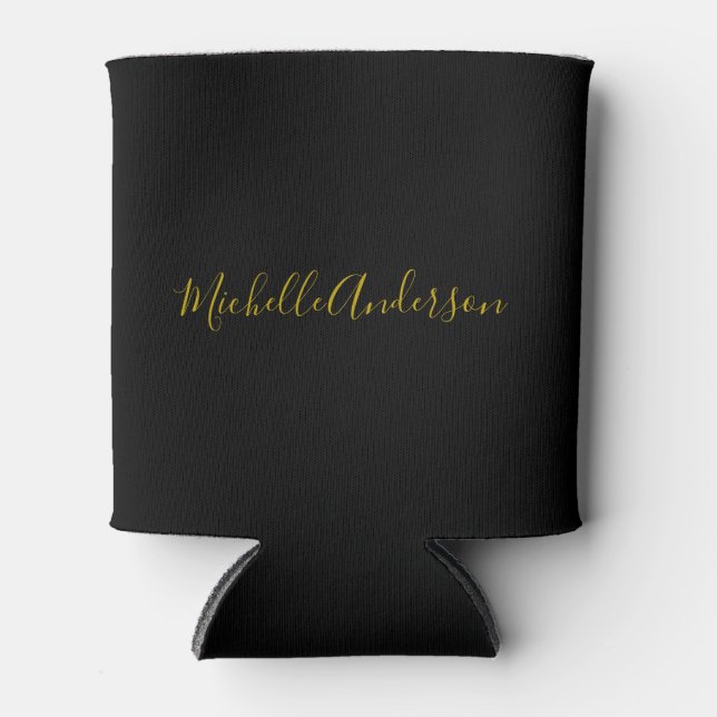 Gold Colour Black Modern Minimalist Handwrite Name Can Cooler (Front)