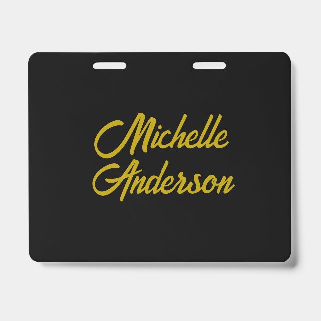 Gold Colour Black Modern Minimalist Handwrite Name ID Badge (Front)