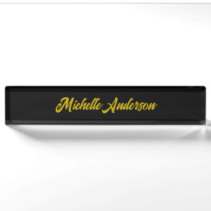 Gold Colour Black Modern Minimalist Handwrite Name Nameplate