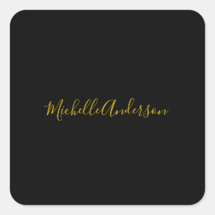 Gold Colour Black Modern Minimalist Handwrite Name Square Sticker
