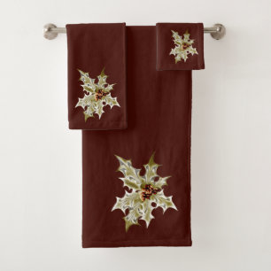 Gold Colour Foil Holly On Burgundy Bath Towel Set