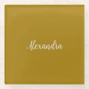 Gold Colour Minimalist Plain Add Name Calligraphy Glass Coaster