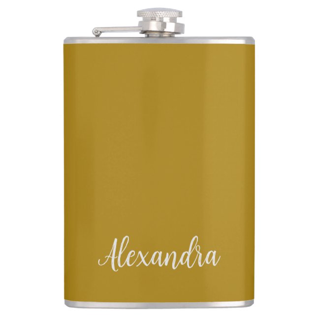 Gold Colour Minimalist Plain Add Name Calligraphy  Hip Flask (Front)