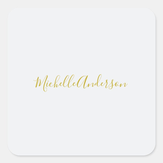 Gold Colour Modern Minimalist Handwriting Name Square Sticker (Front)