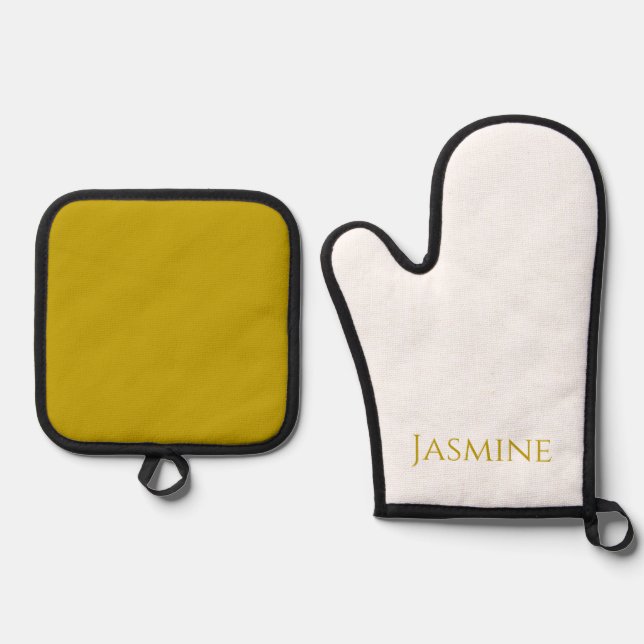 Gold Colour Plain Minimalist Professional Name  Oven Mitt & Pot Holder Set (Front)